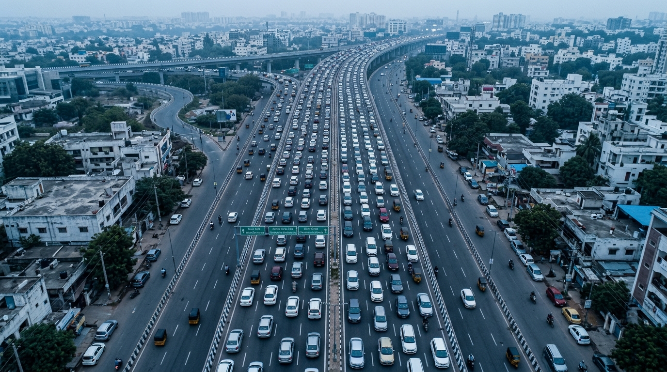 Aerial view of heavy traffic on a Hyderabad road during morning rush hour